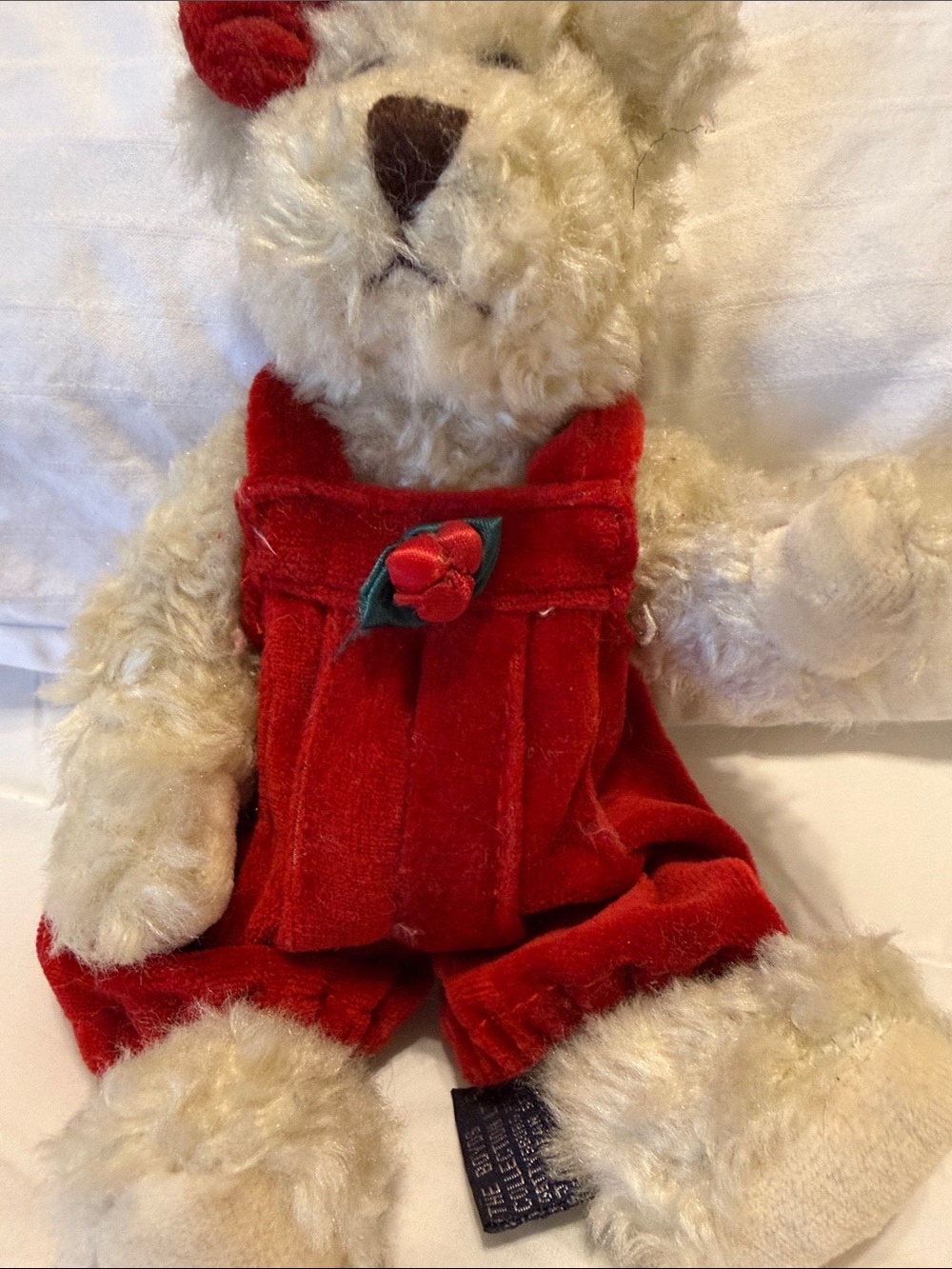 Boyds Bears Cream Plush Teddy in Red Velvet Overalls with Flower Accent